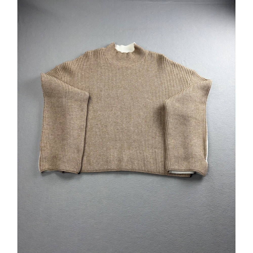 KLd Women Large Colorblock Sweater Mock Neck Ribbed Beige White USA Made